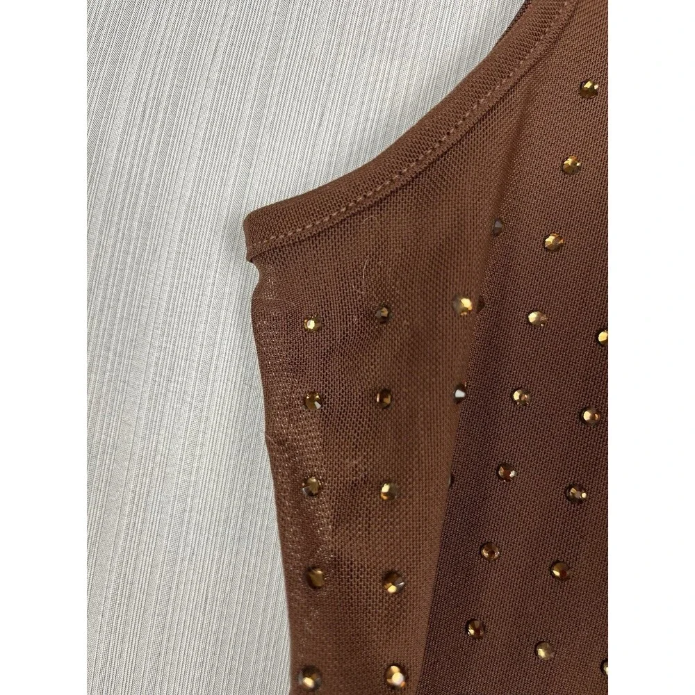 Red by BKE Sheer Rhinestone Tank Brown Stretch Mesh‎ Y2K Indie Sleaze Glam